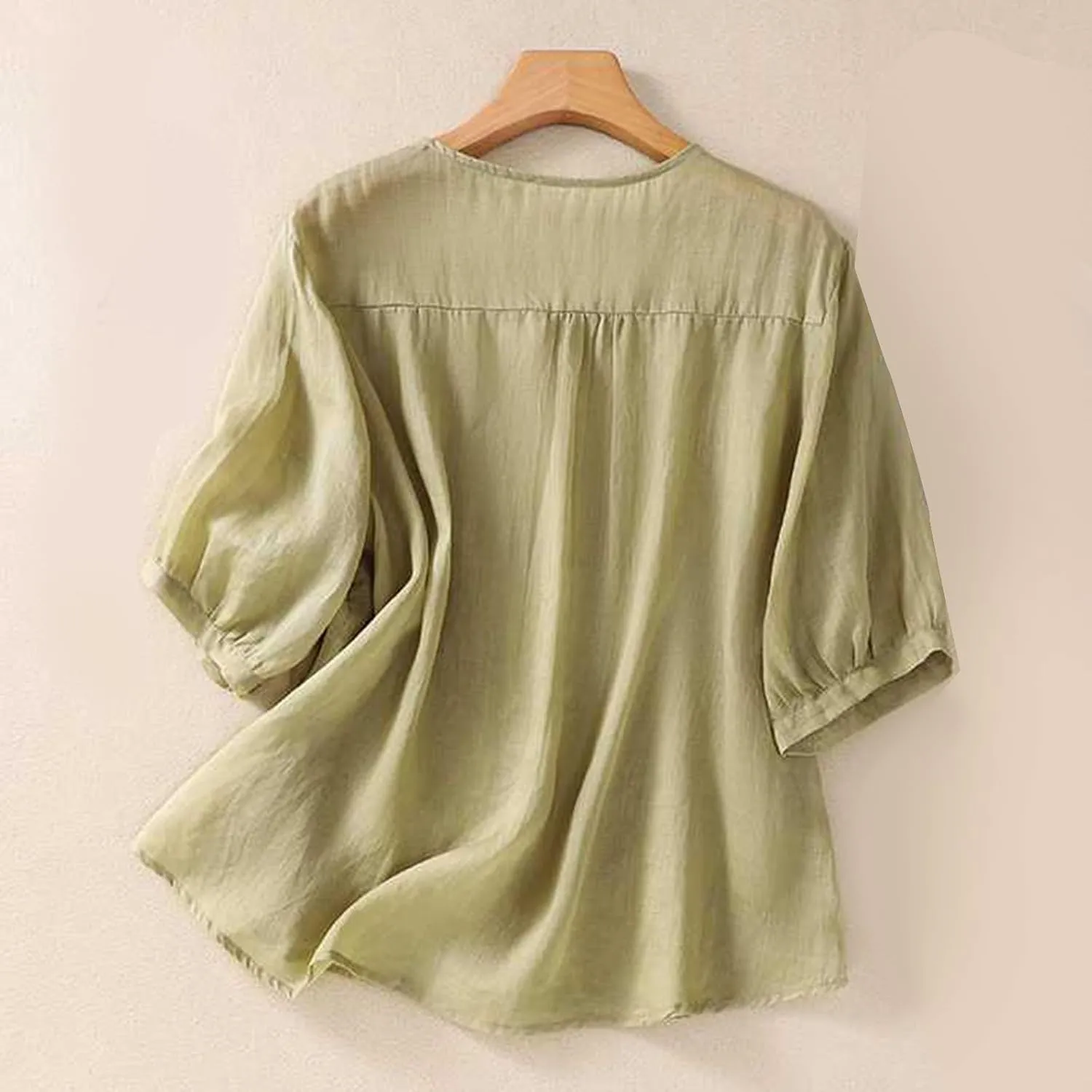 Women's Summer 3/4 Sleeve Cotton Linen Tops Vintage Mexican Embroidered Shirts Casual V Neck Boho Blouse Oversized