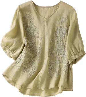 Women's Summer 3/4 Sleeve Cotton Linen Tops Vintage Mexican Embroidered Shirts Casual V Neck Boho Blouse Oversized