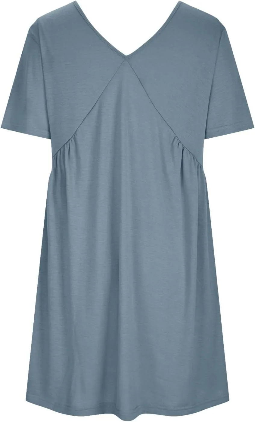 Womens Summer Babydoll Dresses 2024 Casual Short Sleeve Cotton Linen Mini-Dress Trendy Flowy Ruffle Swing Dress