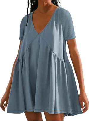 Womens Summer Babydoll Dresses 2024 Casual Short Sleeve Cotton Linen Mini-Dress Trendy Flowy Ruffle Swing Dress