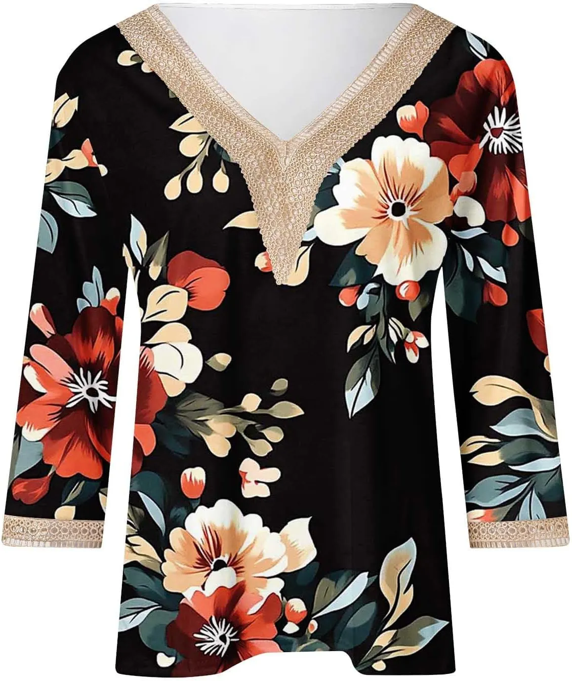 Womens Summer Tops 2025 Dressy Casual Lace V Neck 3/4 Sleeve Shirts Trendy Printed Crochet Blouses Cute Boho Outfits