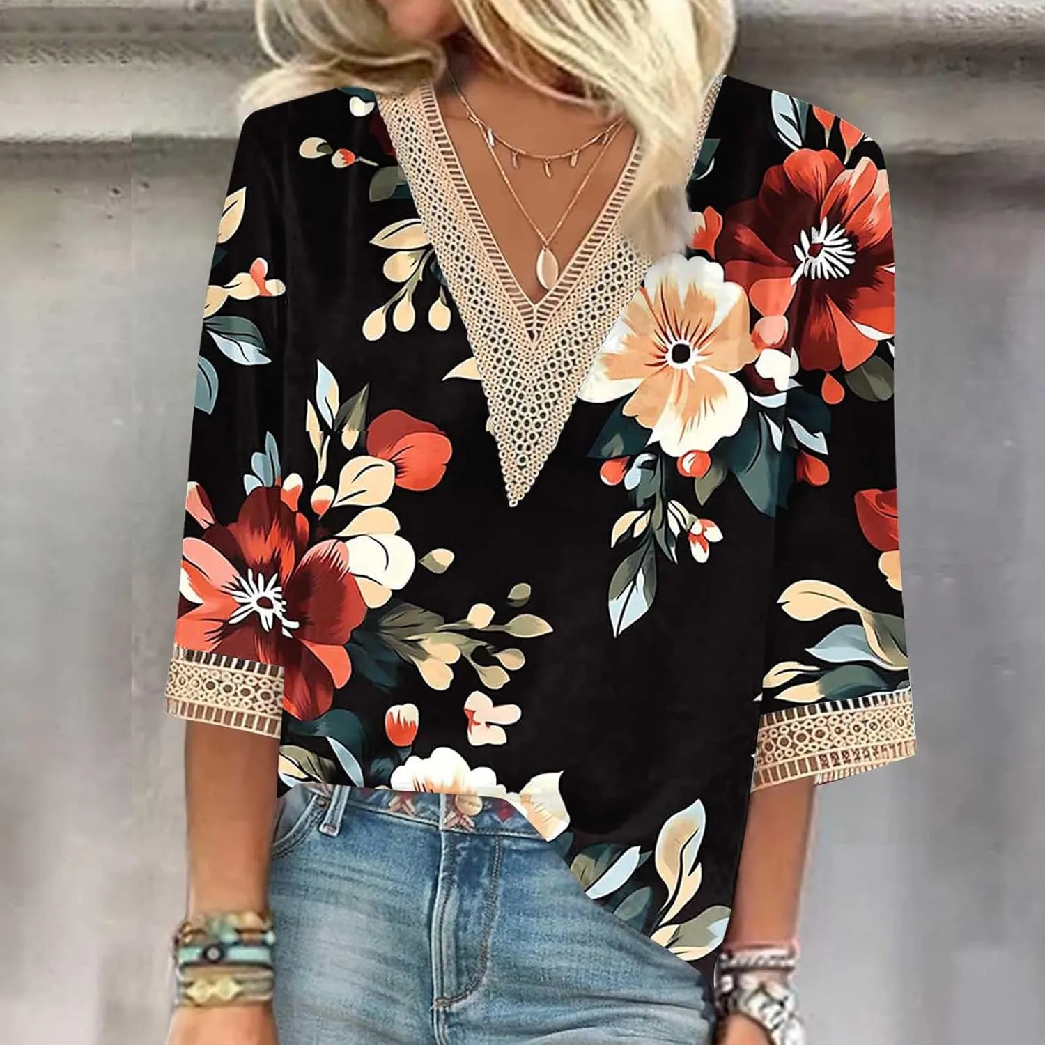 Womens Summer Tops 2025 Dressy Casual Lace V Neck 3/4 Sleeve Shirts Trendy Printed Crochet Blouses Cute Boho Outfits