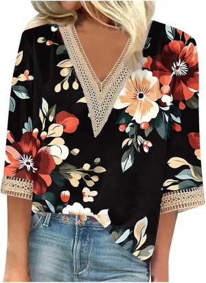 Womens Summer Tops 2025 Dressy Casual Lace V Neck 3/4 Sleeve Shirts Trendy Printed Crochet Blouses Cute Boho Outfits