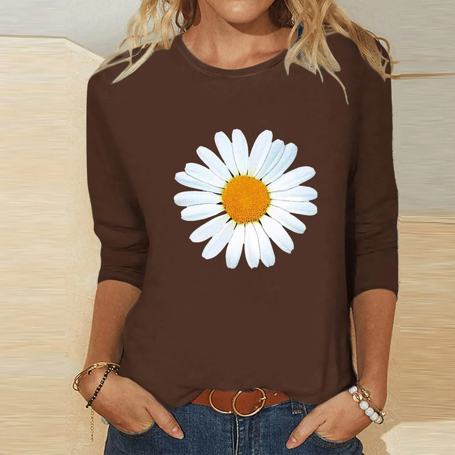 Womens Summer Tops Fashion Daisy Print Daily Shirts 3/4 Sleeve Casual Crew Neck T Shirt Dressy Tunic Blouses