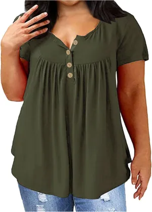 Womens Summer Tops Plus Size Henley Shirts Short Sleeve Boho Floral Tunic Tops Loose Fitting V Neck Button Up Blouses