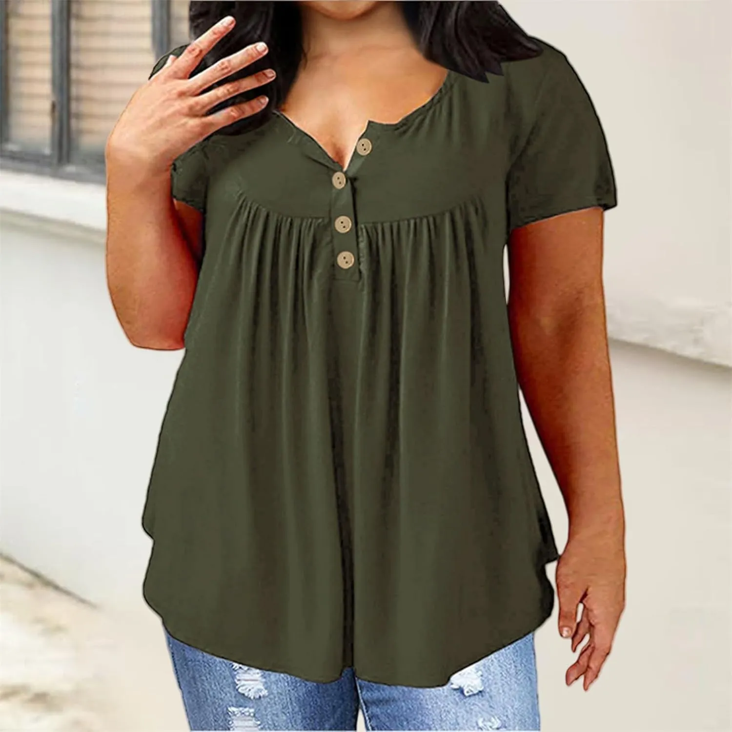 Womens Summer Tops Plus Size Henley Shirts Short Sleeve Boho Floral Tunic Tops Loose Fitting V Neck Button Up Blouses