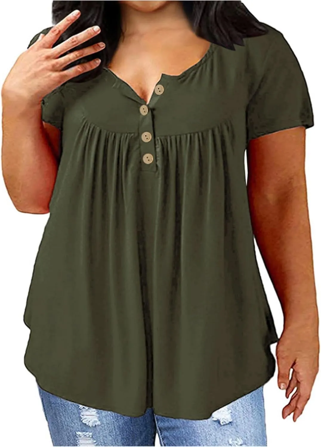 Womens Summer Tops Plus Size Henley Shirts Short Sleeve Boho Floral Tunic Tops Loose Fitting V Neck Button Up Blouses