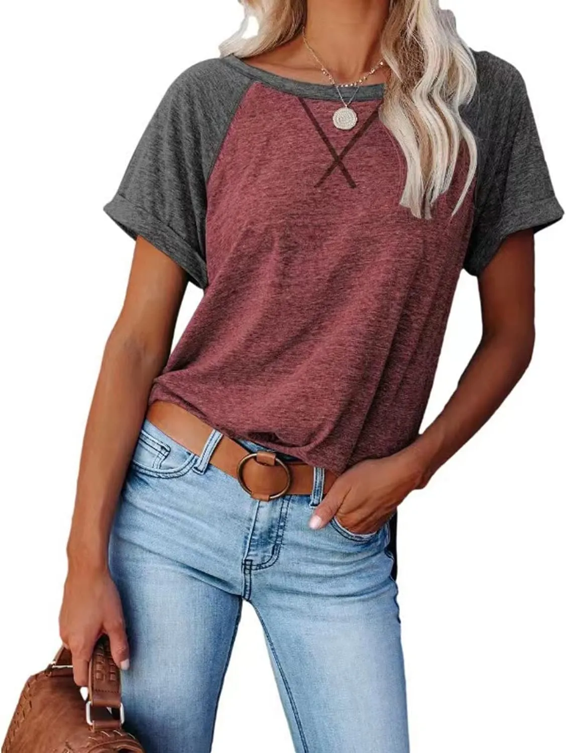 Womens Tops Crewneck Raglan Summer T Shirts Casual Short Sleeve Side Split Tee Shirts