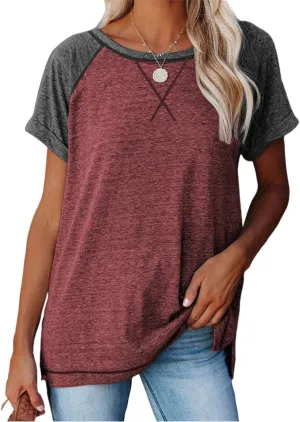 Womens Tops Crewneck Raglan Summer T Shirts Casual Short Sleeve Side Split Tee Shirts