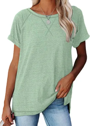 Womens Tops Crewneck Raglan Summer T Shirts Casual Short Sleeve Side Split Tee Shirts