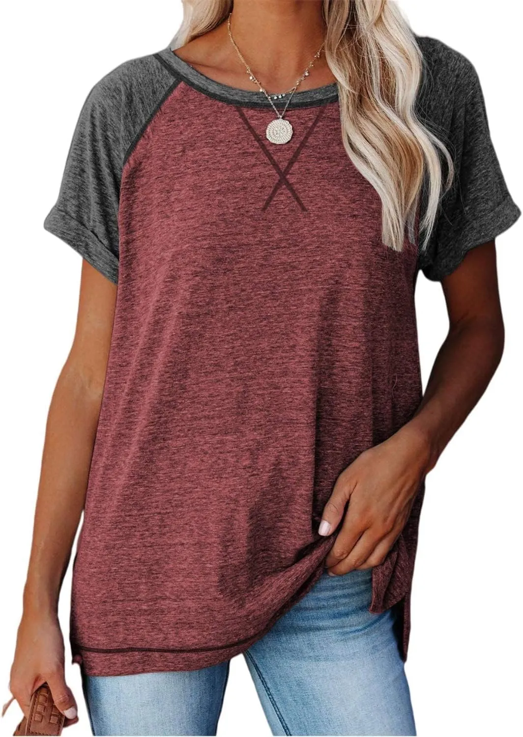 Womens Tops Crewneck Raglan Summer T Shirts Casual Short Sleeve Side Split Tee Shirts