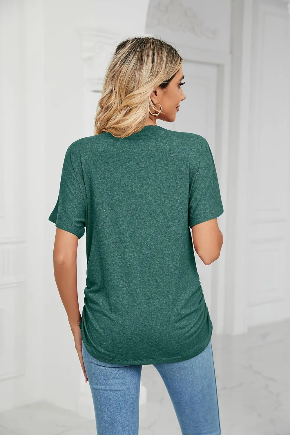 Women's V Neck Tunic Tops Short Sleeve T shirts with Side Shirring Ruched Blouse shirts