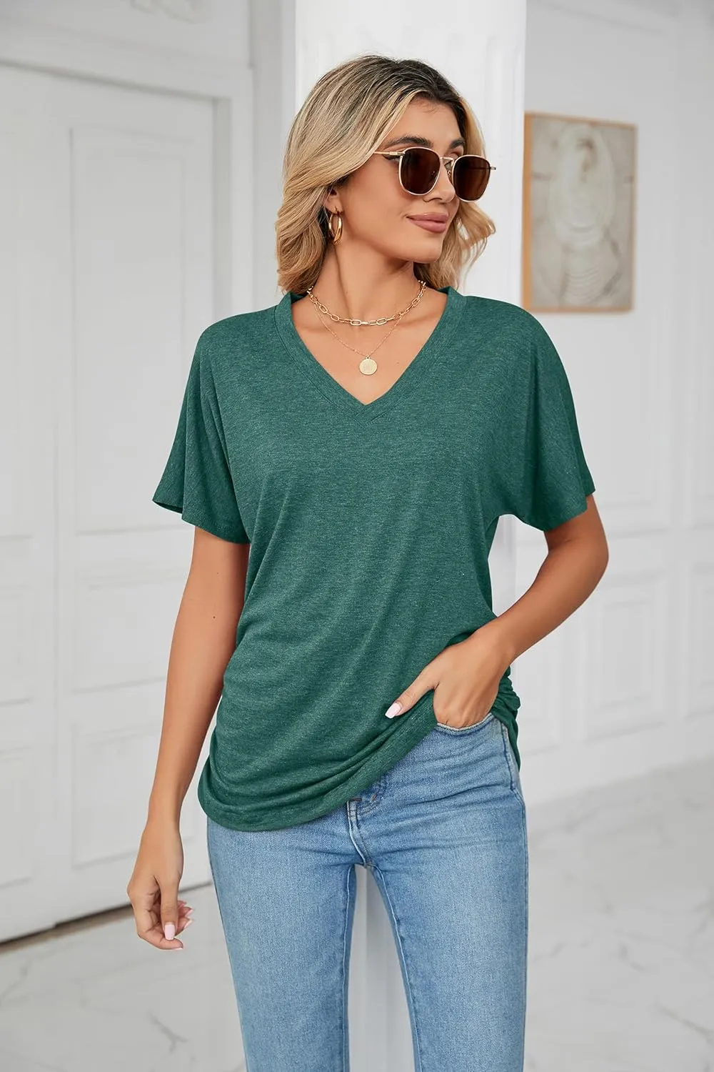 Women's V Neck Tunic Tops Short Sleeve T shirts with Side Shirring Ruched Blouse shirts