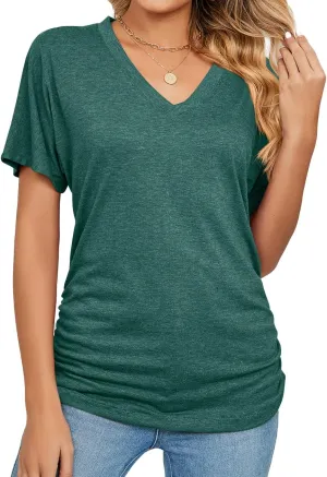 Women's V Neck Tunic Tops Short Sleeve T shirts with Side Shirring Ruched Blouse shirts