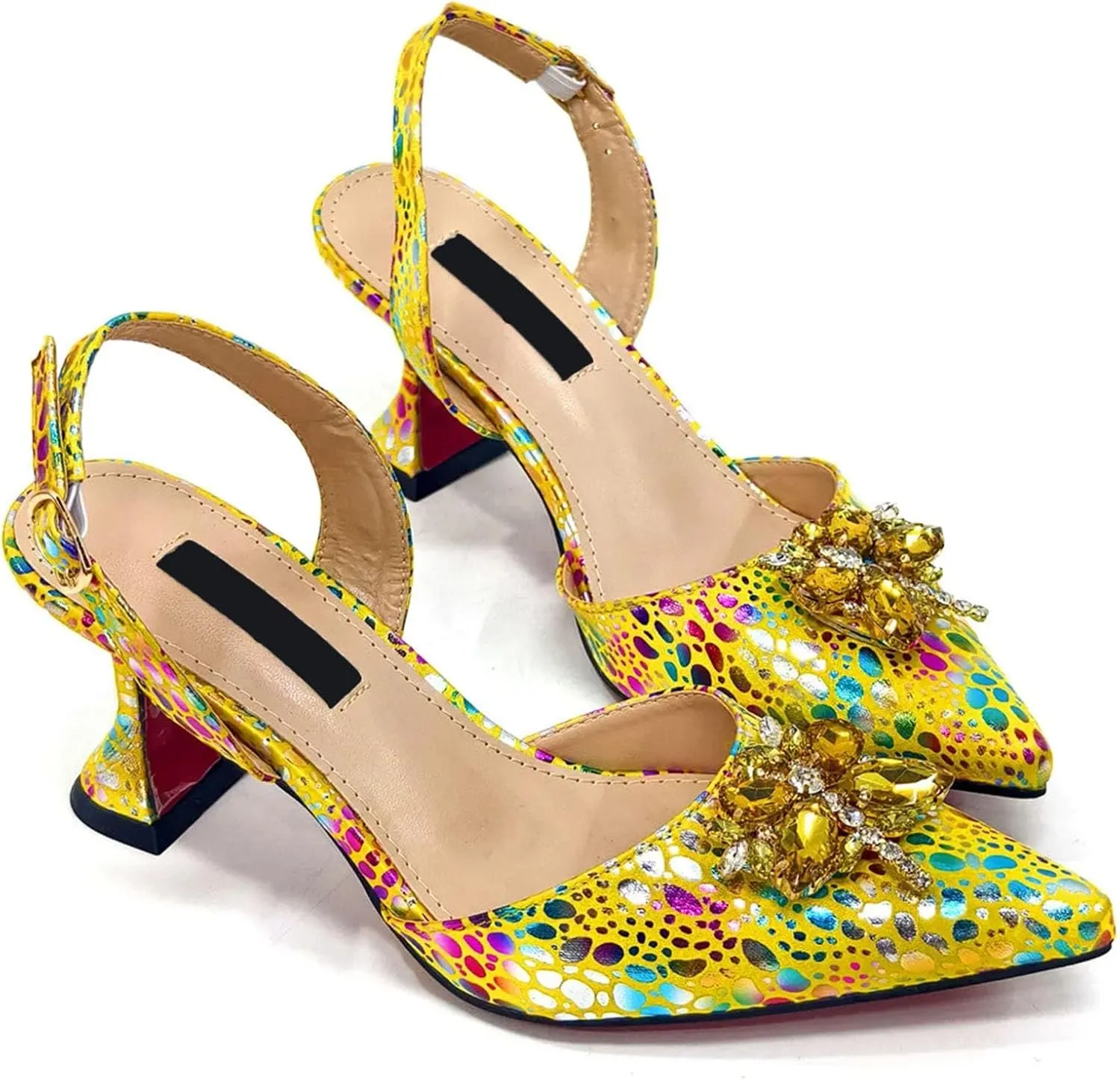 Women's Yellow Crystal Bridal Set - Thin Heel Pointed-Toe Pumps & Beaded Clutch for Outdoor Ceremonies