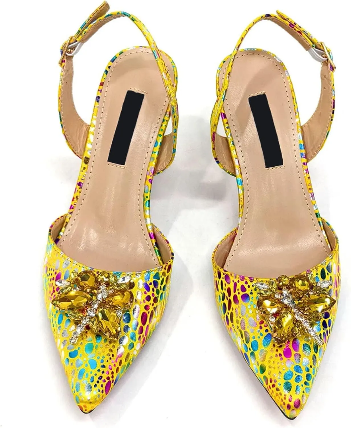 Women's Yellow Crystal Bridal Set - Thin Heel Pointed-Toe Pumps & Beaded Clutch for Outdoor Ceremonies