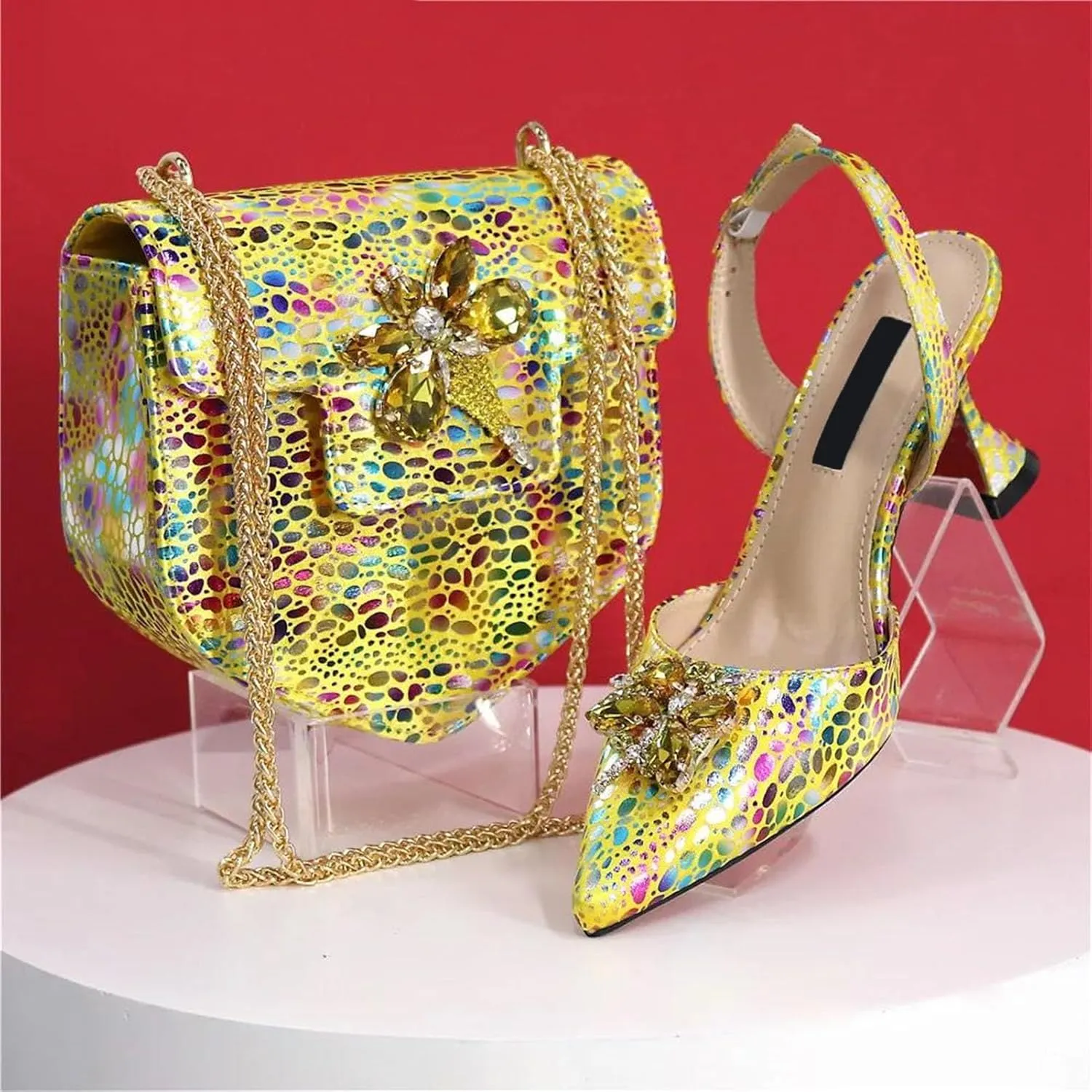 Women's Yellow Crystal Bridal Set - Thin Heel Pointed-Toe Pumps & Beaded Clutch for Outdoor Ceremonies
