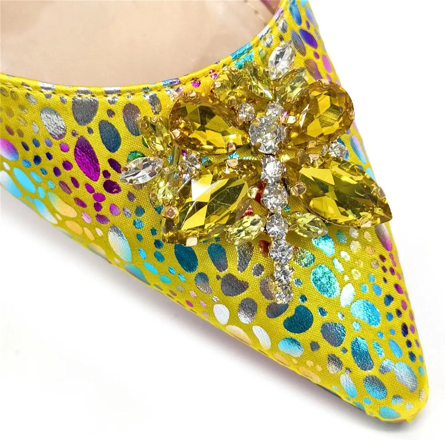 Women's Yellow Crystal Bridal Set - Thin Heel Pointed-Toe Pumps & Beaded Clutch for Outdoor Ceremonies
