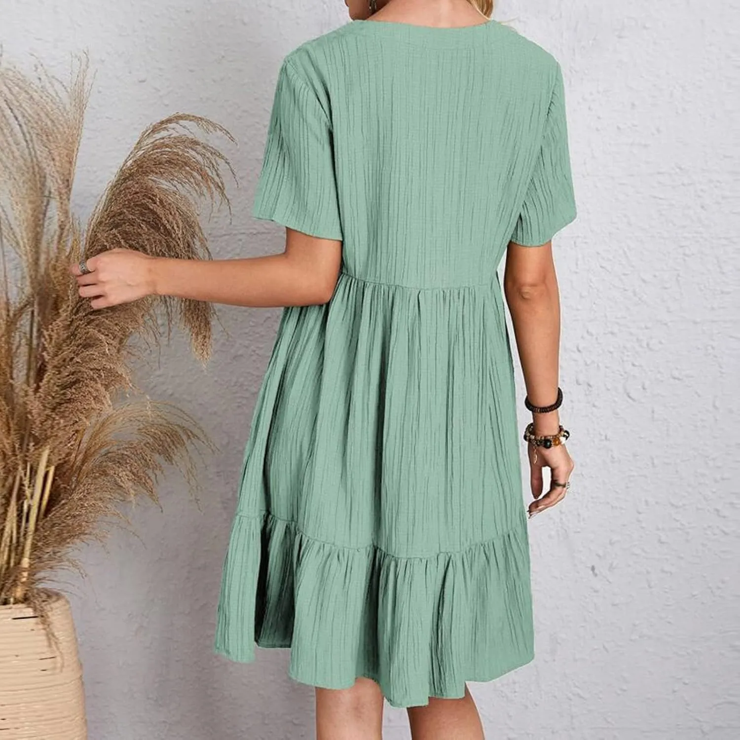 XOWRTE Summer Dresses for Women 2025 Short Sleeve V Neck Dress Pleated Swing Loose Casual Dress Short Plus Size