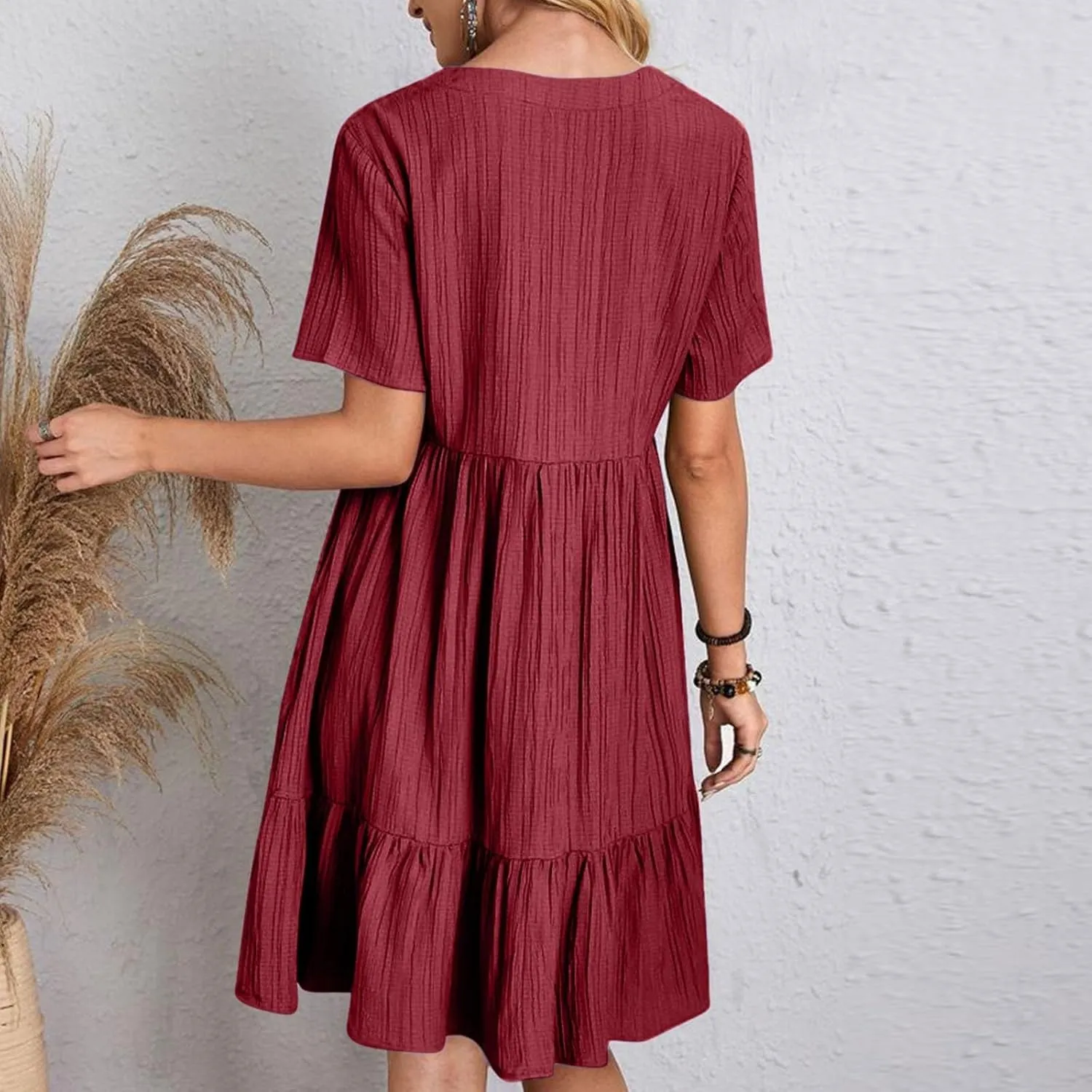 XOWRTE Summer Dresses for Women 2025 Short Sleeve V Neck Dress Pleated Swing Loose Casual Dress Short Plus Size