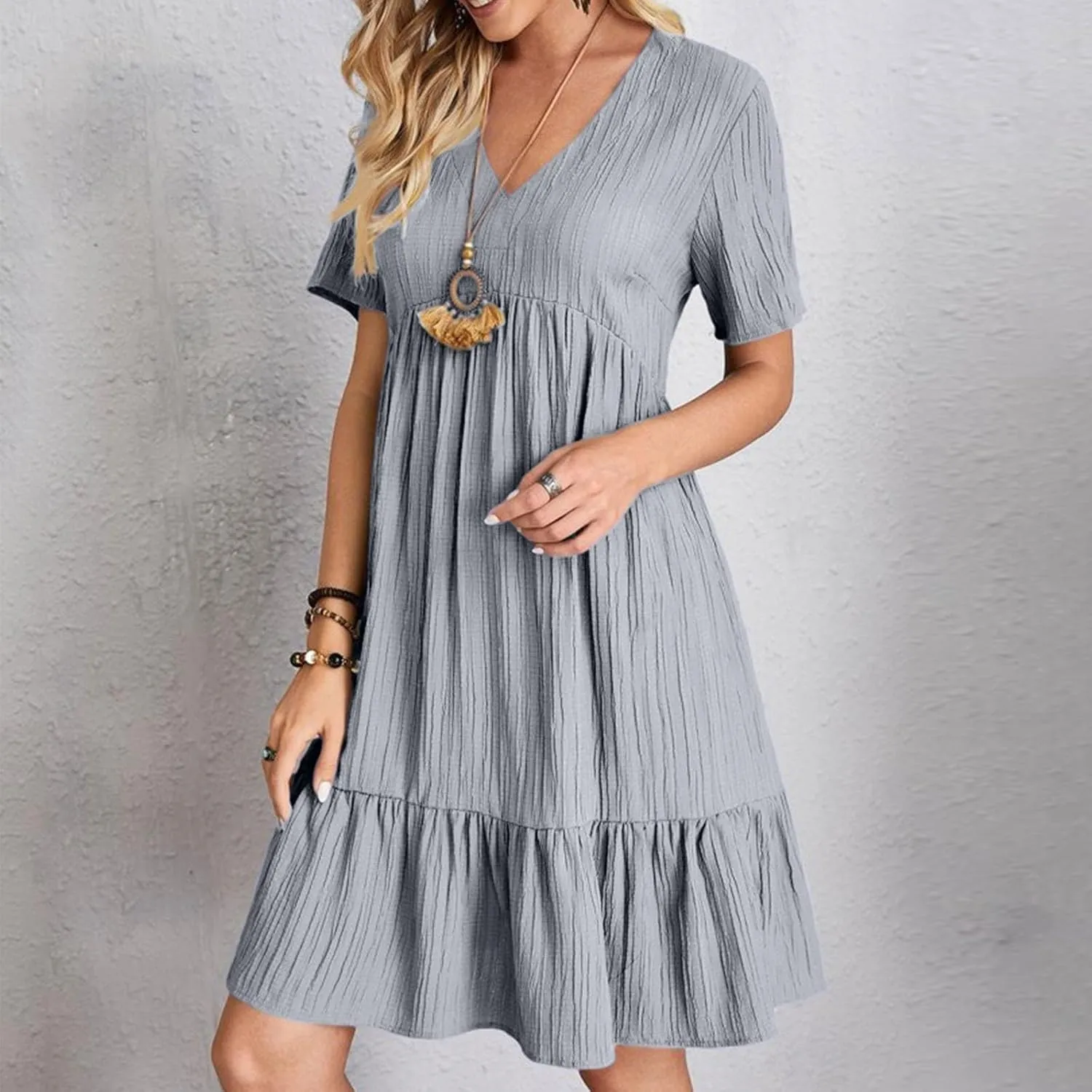 XOWRTE Summer Dresses for Women 2025 Short Sleeve V Neck Dress Pleated Swing Loose Casual Dress Short Plus Size