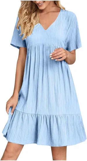 XOWRTE Summer Dresses for Women 2025 Short Sleeve V Neck Dress Pleated Swing Loose Casual Dress Short Plus Size