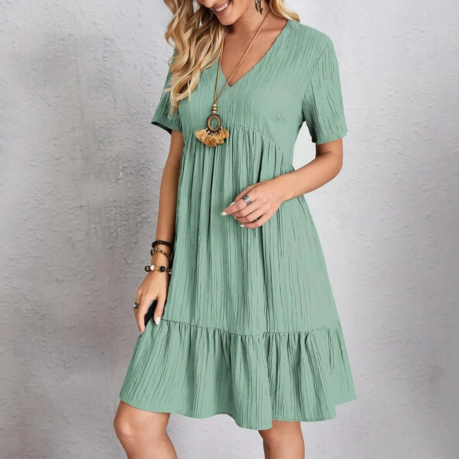 XOWRTE Summer Dresses for Women 2025 Short Sleeve V Neck Dress Pleated Swing Loose Casual Dress Short Plus Size