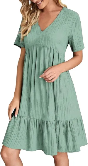 XOWRTE Summer Dresses for Women 2025 Short Sleeve V Neck Dress Pleated Swing Loose Casual Dress Short Plus Size