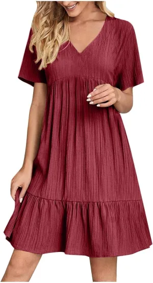 XOWRTE Summer Dresses for Women 2025 Short Sleeve V Neck Dress Pleated Swing Loose Casual Dress Short Plus Size