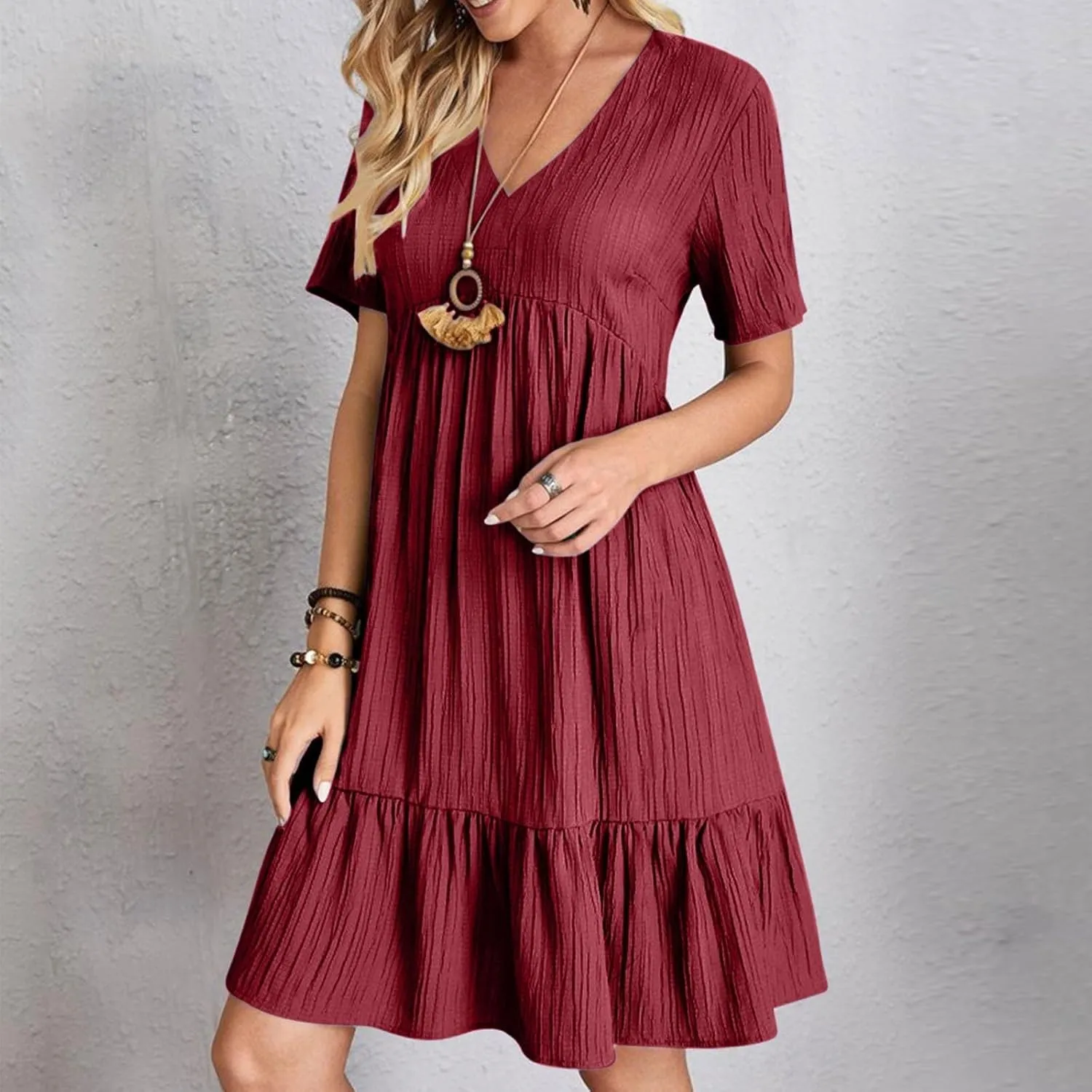 XOWRTE Summer Dresses for Women 2025 Short Sleeve V Neck Dress Pleated Swing Loose Casual Dress Short Plus Size