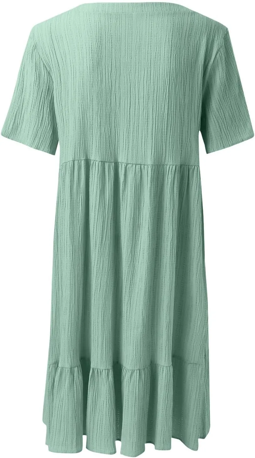 XOWRTE Summer Dresses for Women 2025 Short Sleeve V Neck Dress Pleated Swing Loose Casual Dress Short Plus Size