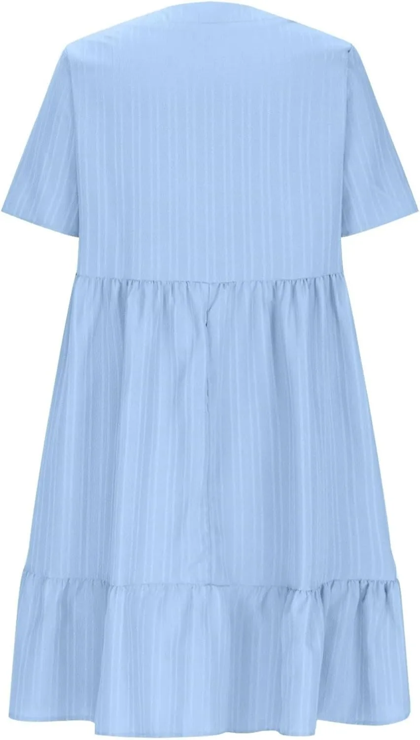 XOWRTE Summer Dresses for Women 2025 Short Sleeve V Neck Dress Pleated Swing Loose Casual Dress Short Plus Size