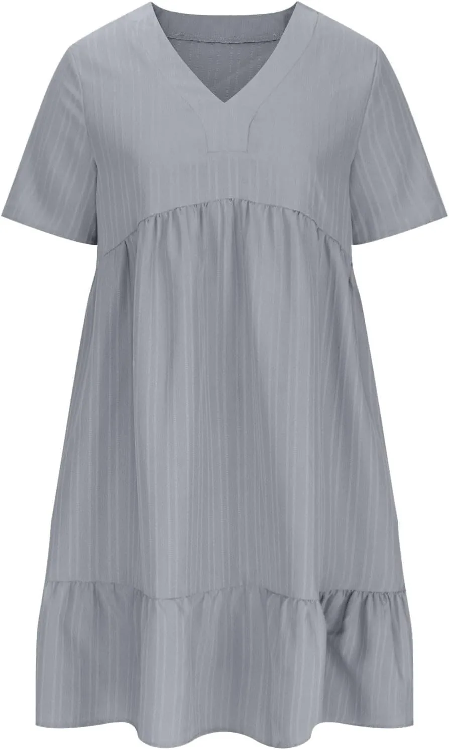 XOWRTE Summer Dresses for Women 2025 Short Sleeve V Neck Dress Pleated Swing Loose Casual Dress Short Plus Size