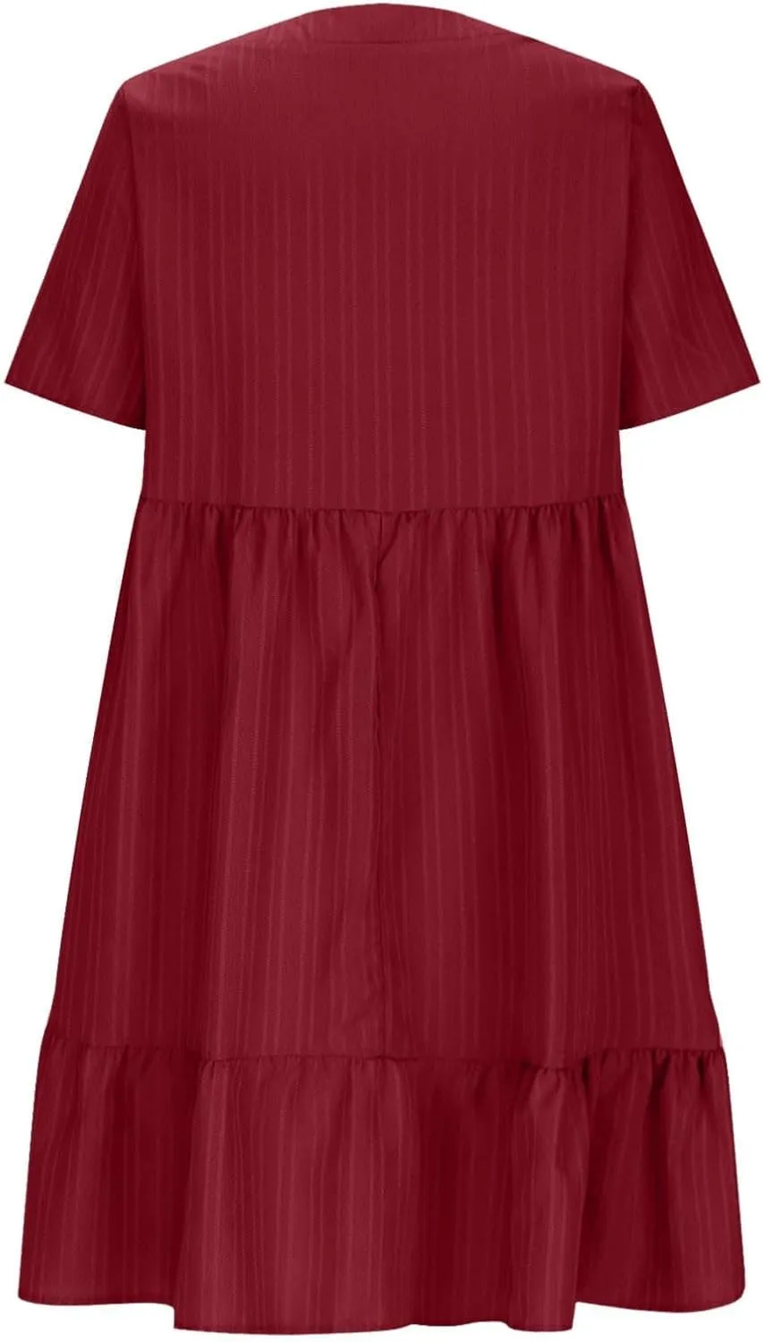 XOWRTE Summer Dresses for Women 2025 Short Sleeve V Neck Dress Pleated Swing Loose Casual Dress Short Plus Size
