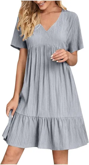 XOWRTE Summer Dresses for Women 2025 Short Sleeve V Neck Dress Pleated Swing Loose Casual Dress Short Plus Size