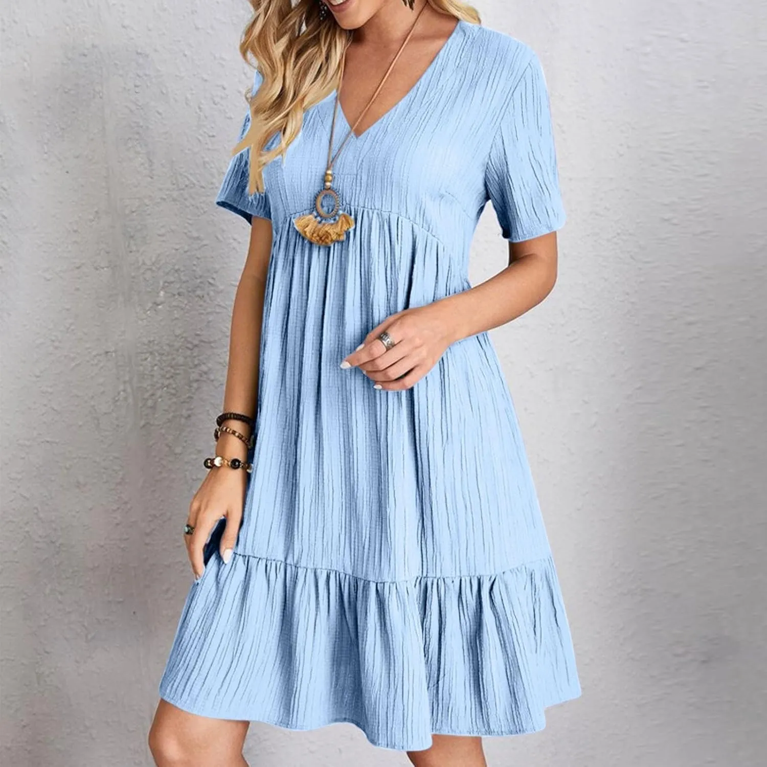 XOWRTE Summer Dresses for Women 2025 Short Sleeve V Neck Dress Pleated Swing Loose Casual Dress Short Plus Size