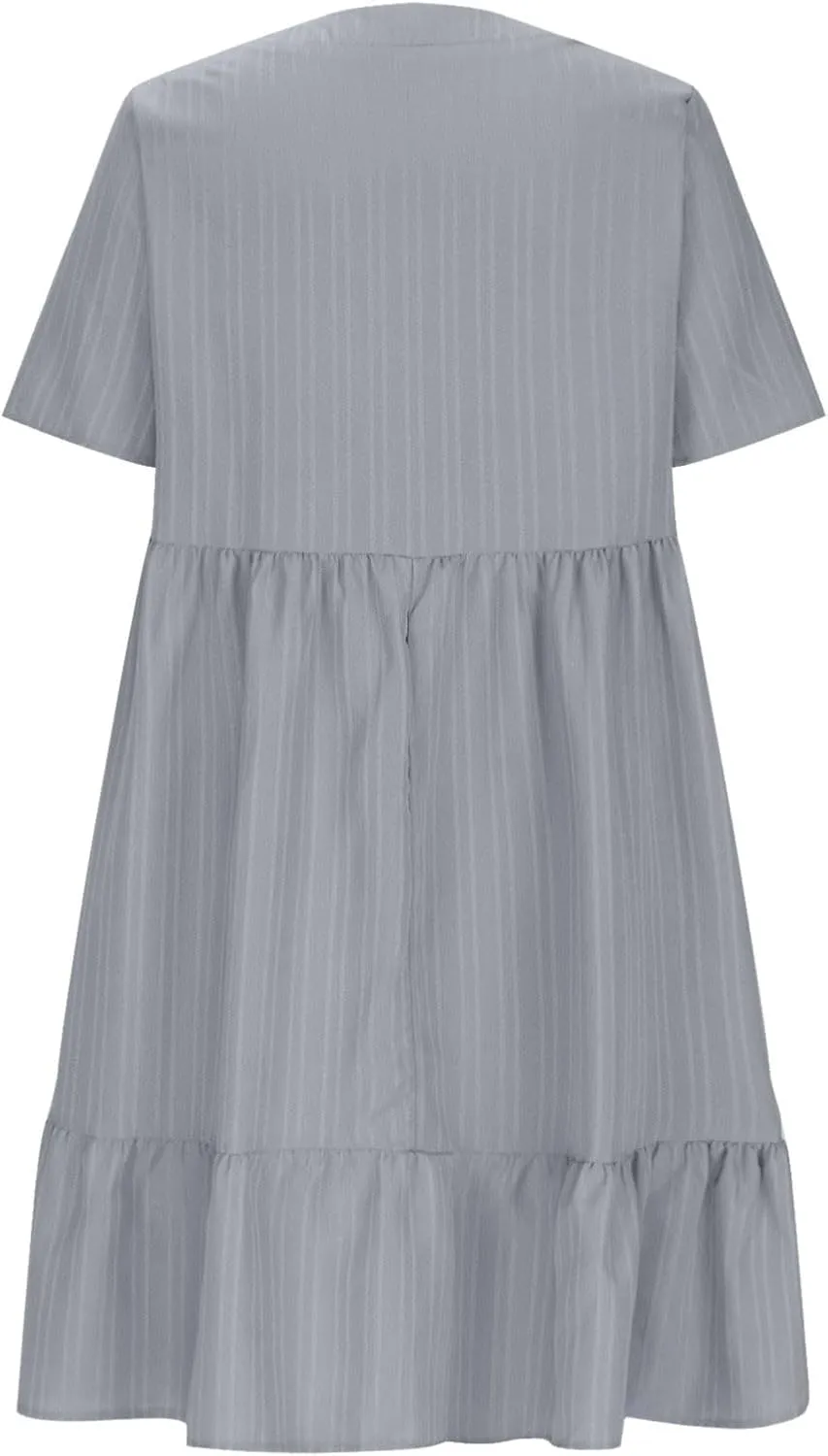 XOWRTE Summer Dresses for Women 2025 Short Sleeve V Neck Dress Pleated Swing Loose Casual Dress Short Plus Size