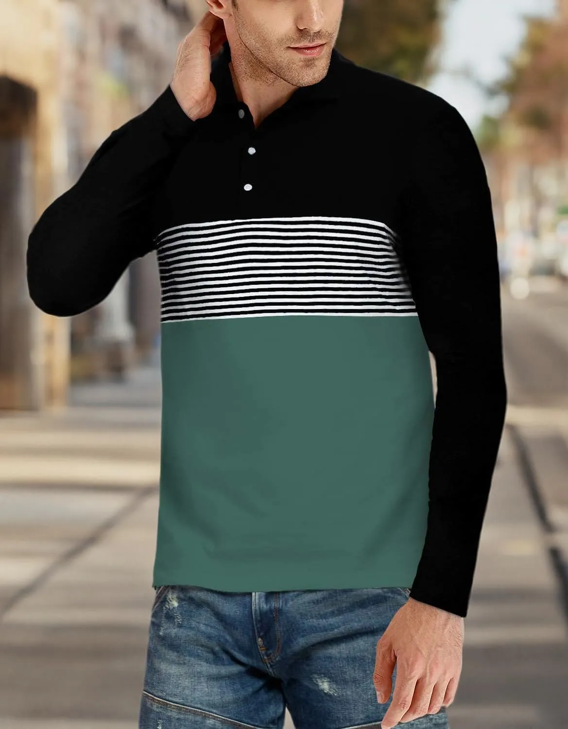 YTD Men's Short Sleeve Polo Shirts Casual Slim Fit Contrast Color Stitching Stripe Cotton Shirts