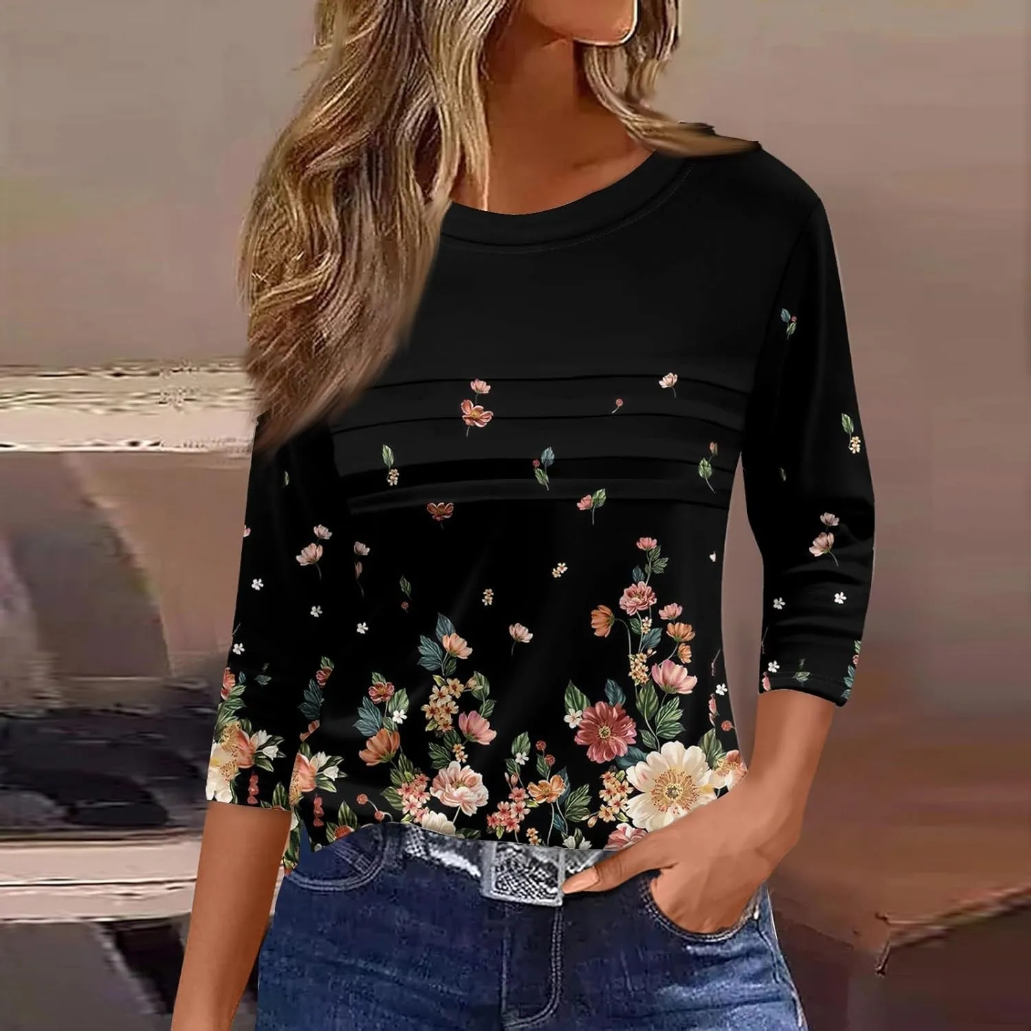 YUTANRAL 3/4 Length Sleeve Womens Tops 2025 Trendy Sping Summer Pleated Round Neck Casual Loose Ladies Blouses Tshirts