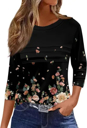 YUTANRAL 3/4 Length Sleeve Womens Tops 2025 Trendy Sping Summer Pleated Round Neck Casual Loose Ladies Blouses Tshirts